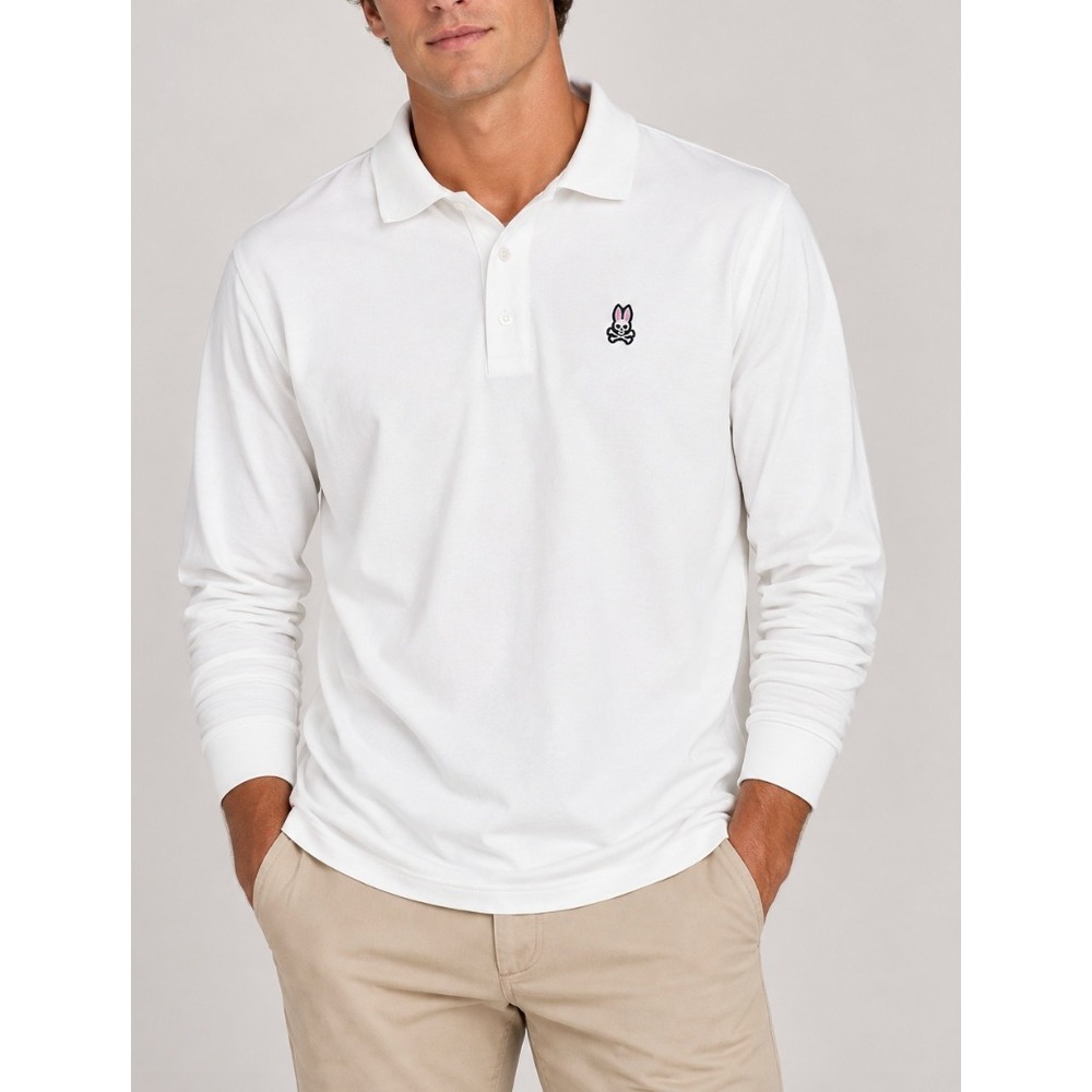 Psycho Bunny Mens White Long Sleeve Pima Cotton Pique Polo Shirt Size 6 / L